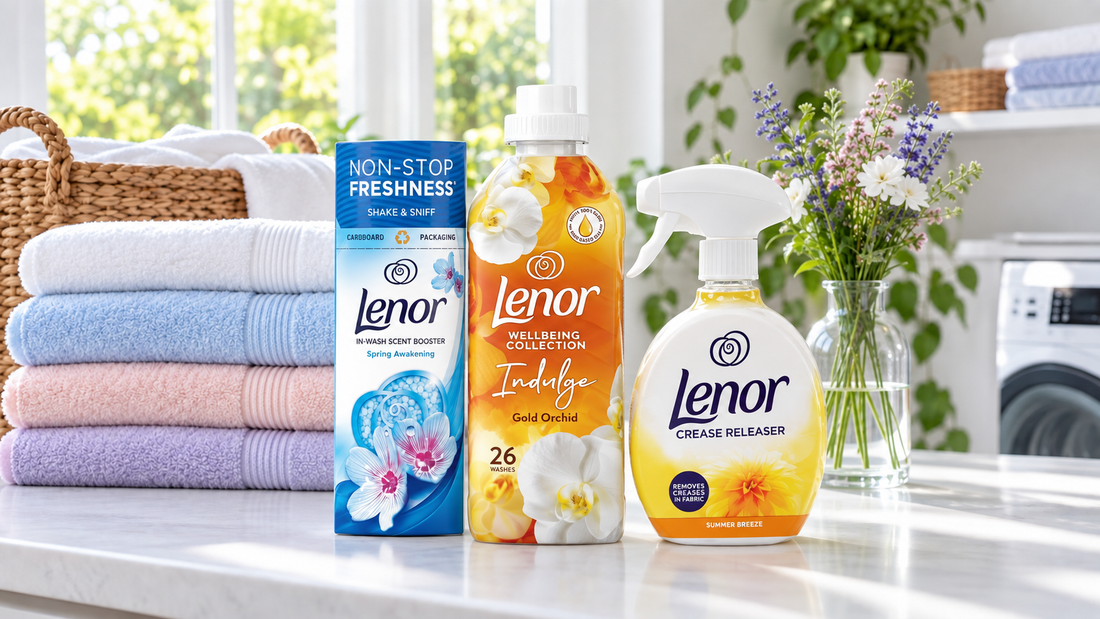Lenor beads, Gold Orchid fabric conditioner and crease releaser with fresh folded towels
