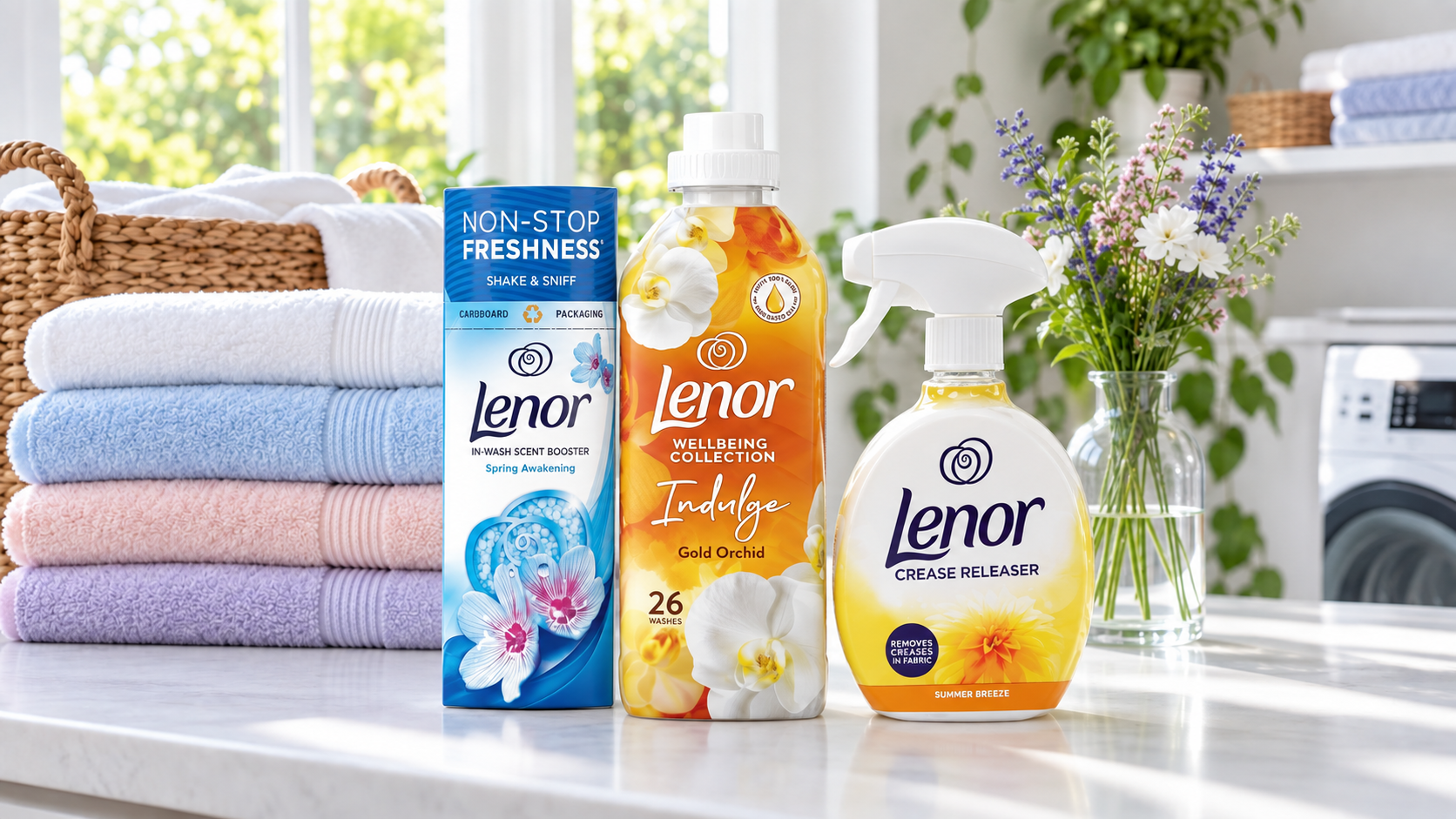 Lenor beads, Gold Orchid fabric conditioner and crease releaser with fresh folded towels