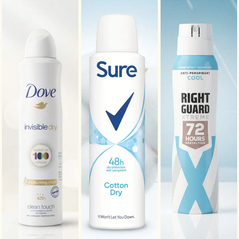Deodorants and antiperspirants from Dove, Sure and Right Guard
