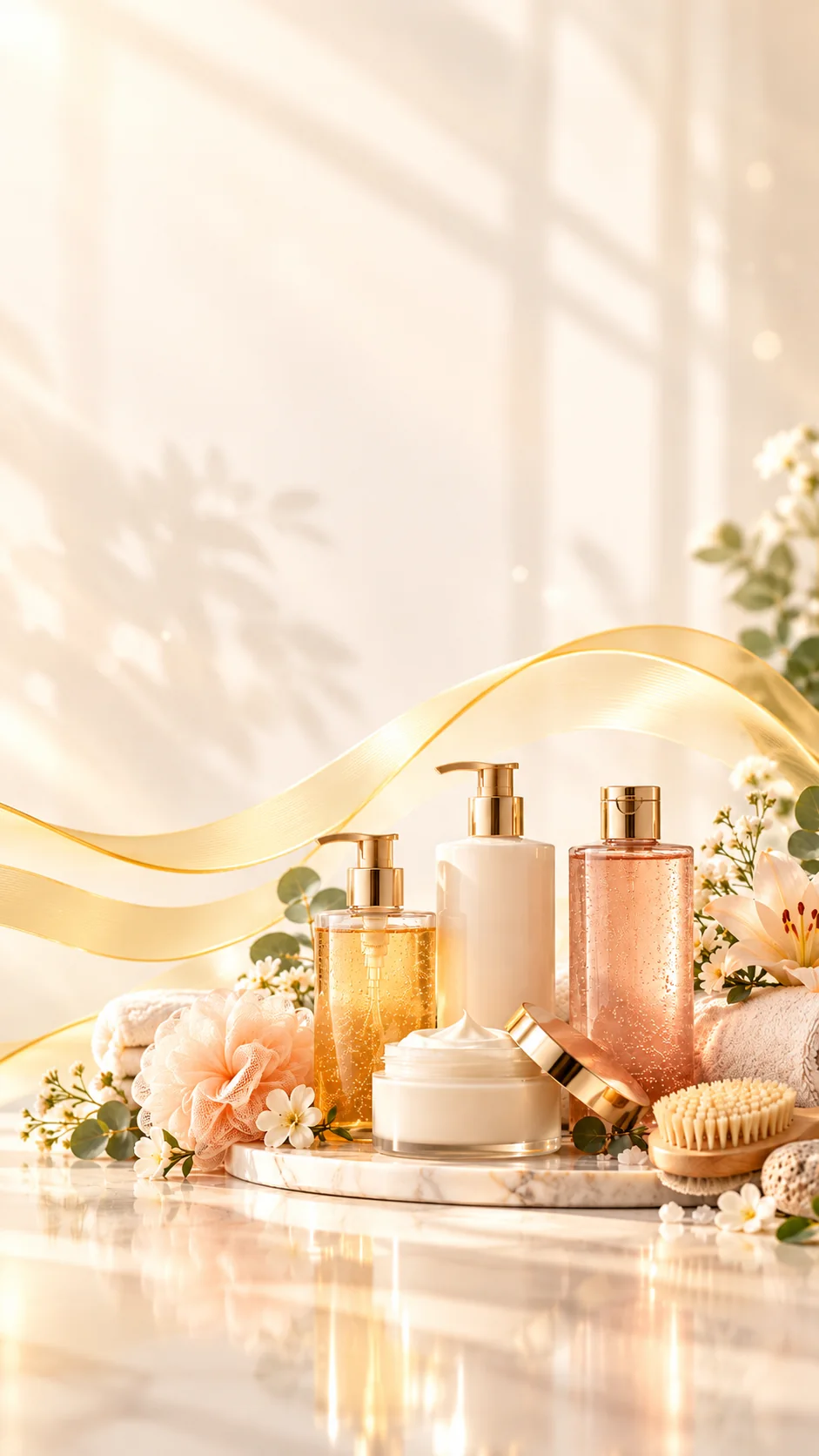 Bath and body products arranged on a marble tray beside a soft towel.