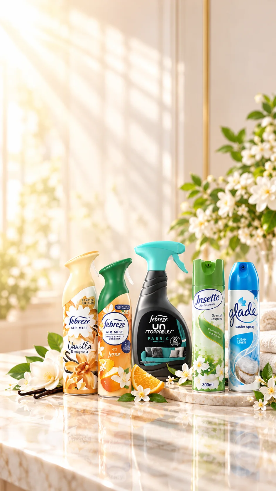 Dettol hand wash, Ambi Pur, Febreze air freshener and Colgate toothpaste on a bright marble counter.