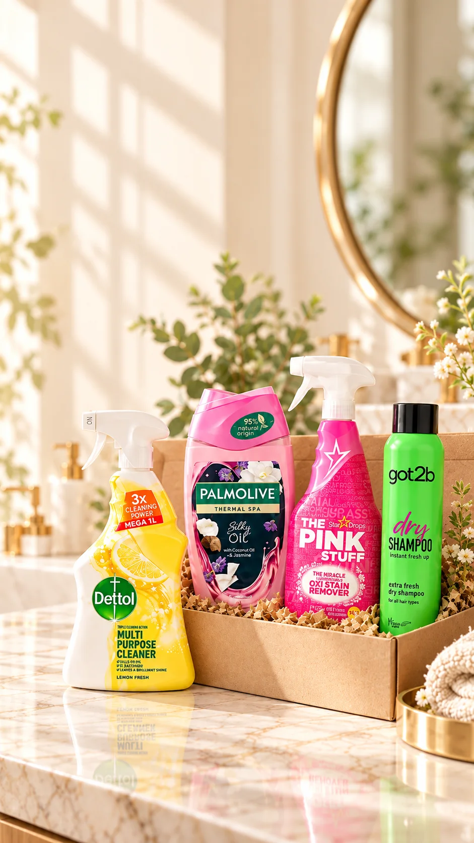 Dettol cleaner, Palmolive shower gel, The Pink Stuff and Got2b dry shampoo in a gift box on a marble counter.