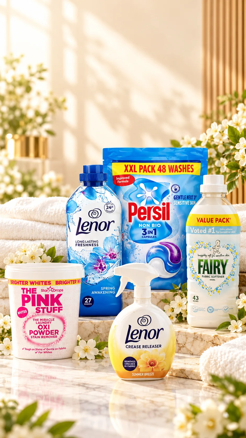 Persil, Ariel, Lenor, Fairy, Dettol hand wash and The Pink Stuff beside folded towels on a marble counter.