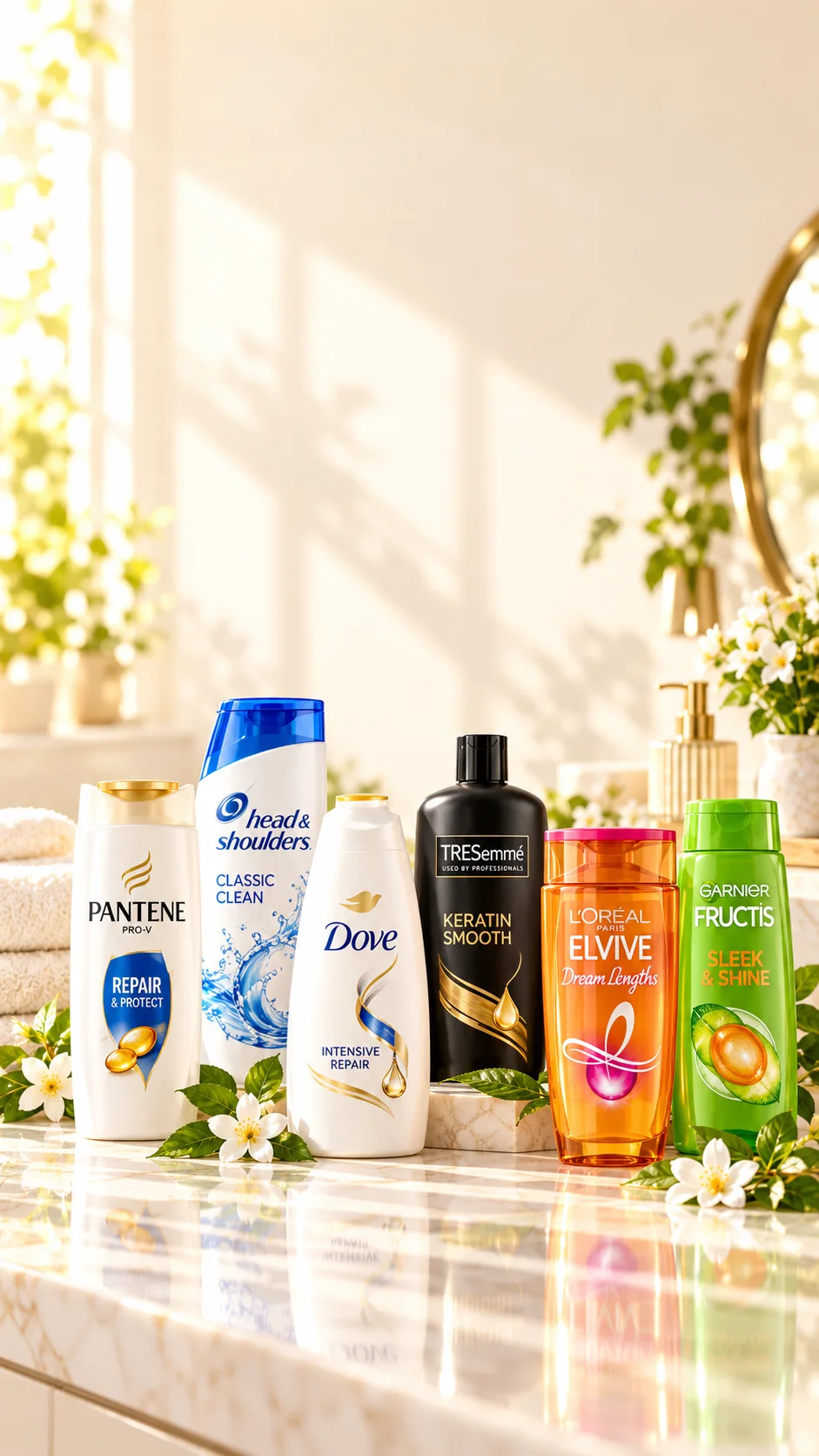 Shampoo, serum and hair-care products beside a wooden brush on a warm marble surface.